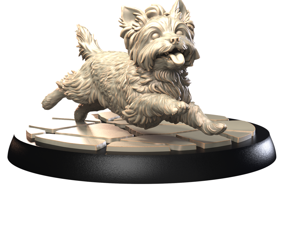Unpainted 3D printed resin miniature of a running Yorkshire Terrier on a textured stone-style display base.