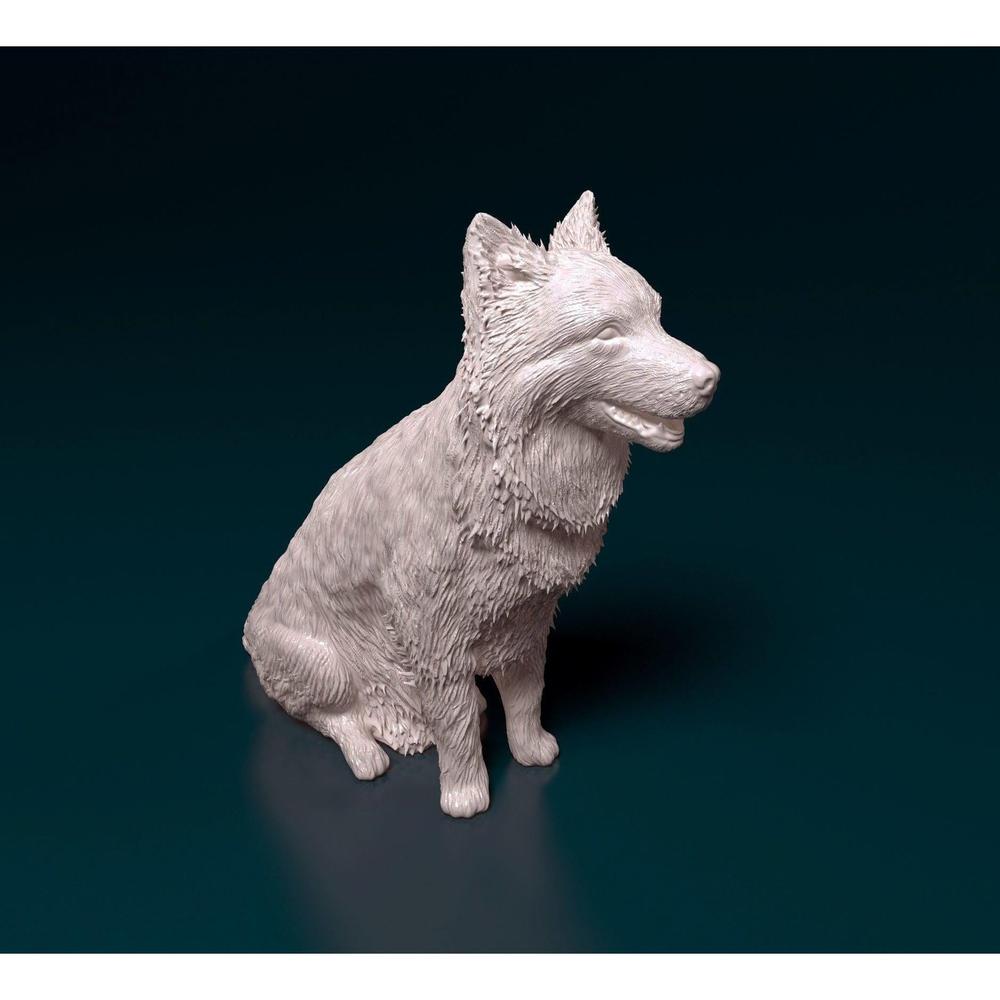 Unpainted 3D printed resin model of a sitting Border Collie with detailed fur texture, isolated on a dark background.