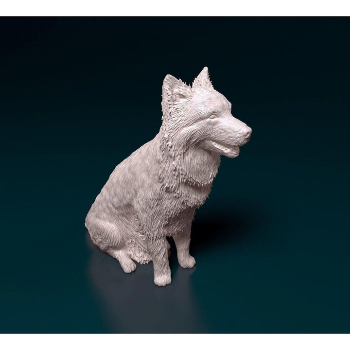 Unpainted 3D printed resin model of a sitting Border Collie with detailed fur texture, isolated on a dark background.