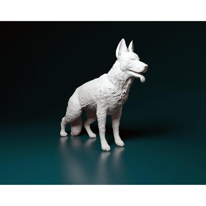 Unpainted 3D printed resin model of a standing German Shepherd with detailed fur texture on a dark background.