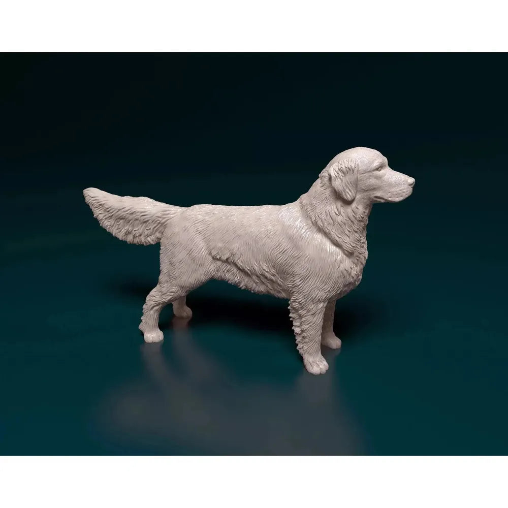 Unpainted 3D printed resin model of a standing Golden Retriever with detailed fur texture on a dark background.