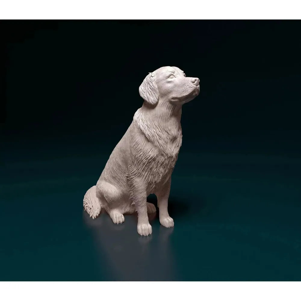 Unpainted grey resin 3D printed miniature of a sitting Golden Retriever with detailed fur texture.