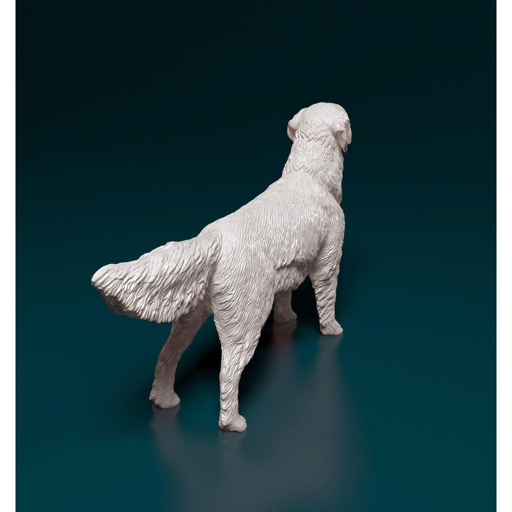 Unpainted 3D printed resin model of a standing Golden Retriever with detailed fur texture on a dark background.