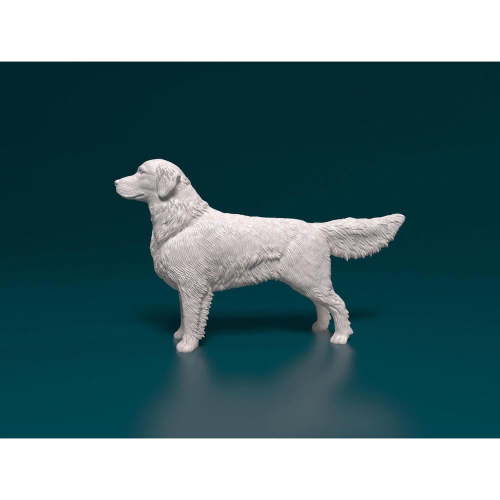 Unpainted 3D printed resin model of a standing Golden Retriever with detailed fur texture on a dark teal background.