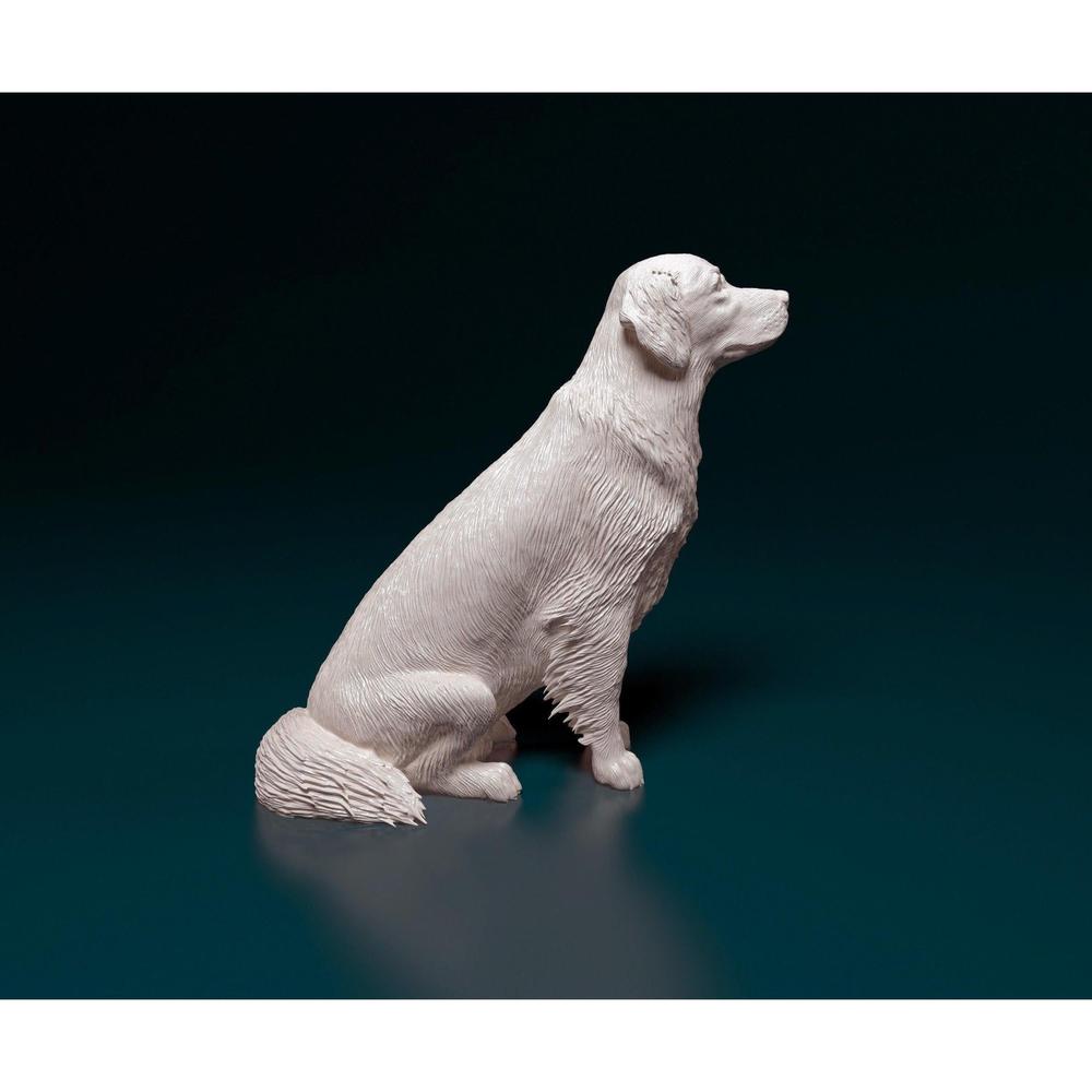 Unpainted 3D printed resin miniature of a sitting Golden Retriever with detailed fur texture on a dark background.