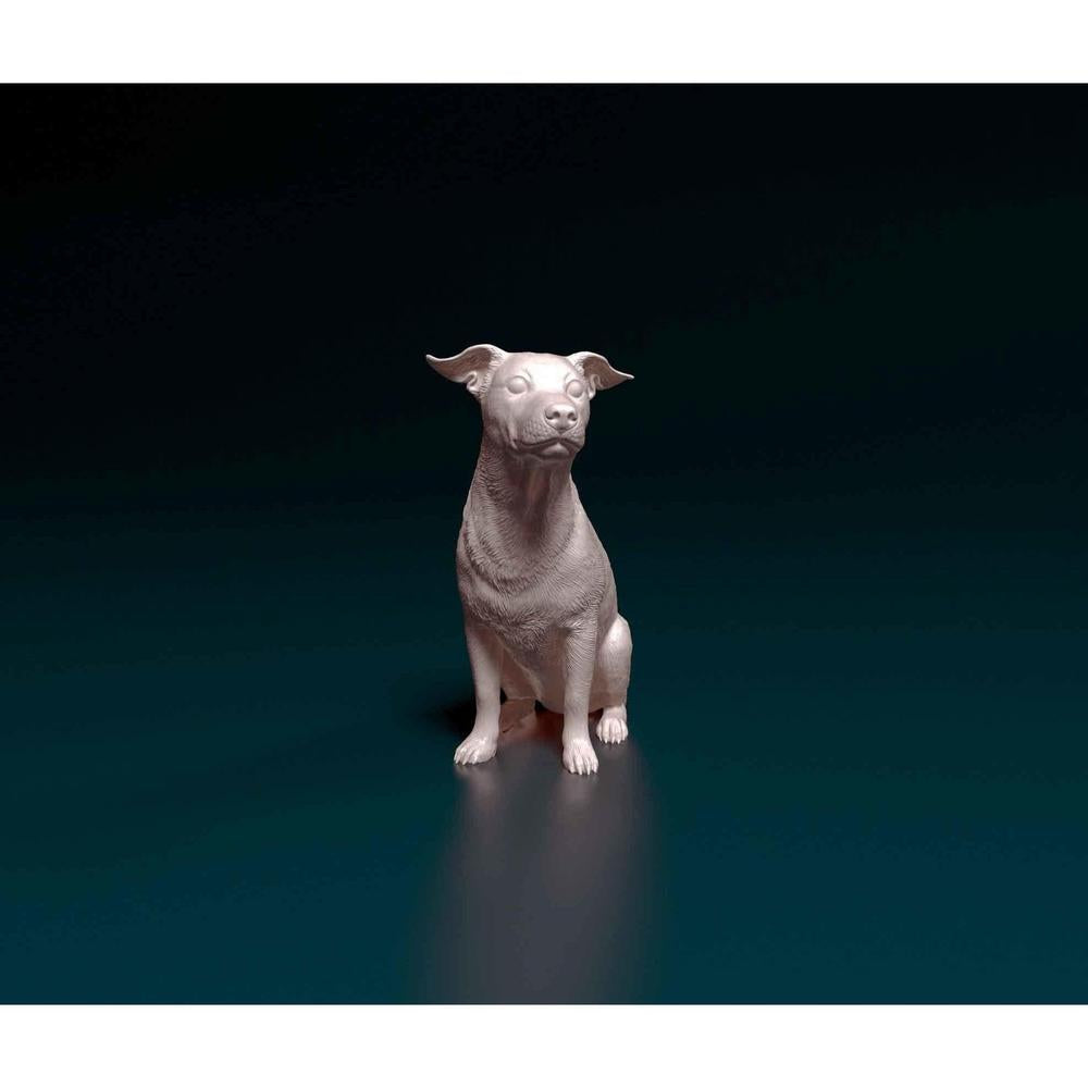 Unpainted 3D printed resin miniature of a sitting Jack Russell terrier with detailed fur texture on a dark background.