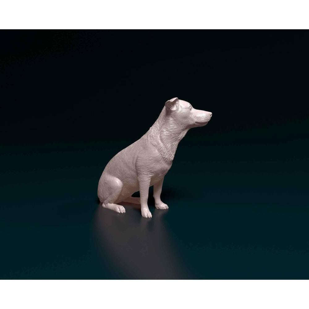 Unpainted 3D printed resin model of a sitting Jack Russell terrier with detailed fur texture on a dark background.