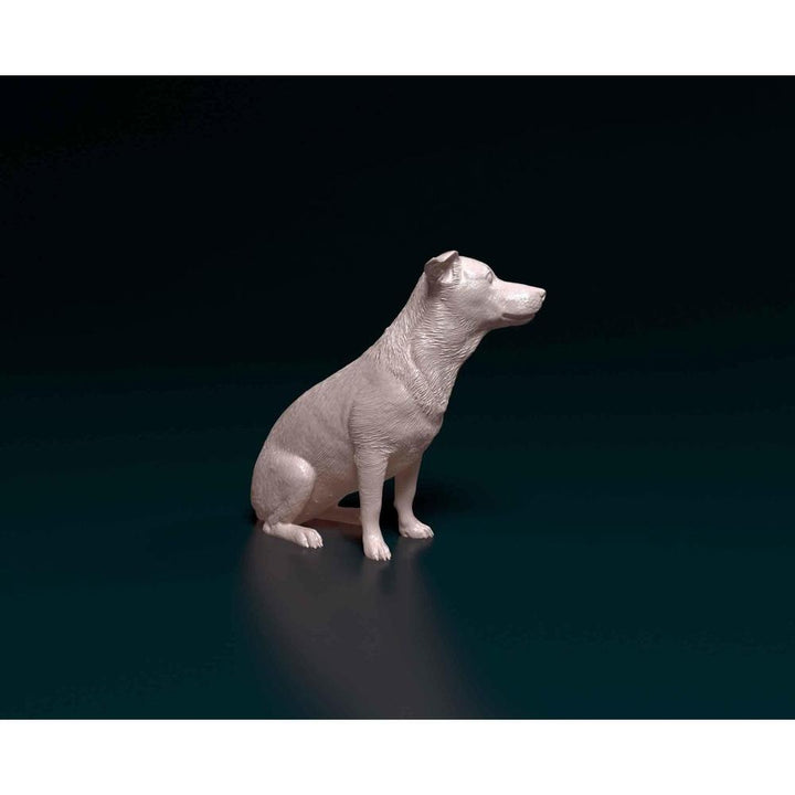 Unpainted 3D printed resin model of a sitting Jack Russell terrier with detailed fur texture on a dark background.