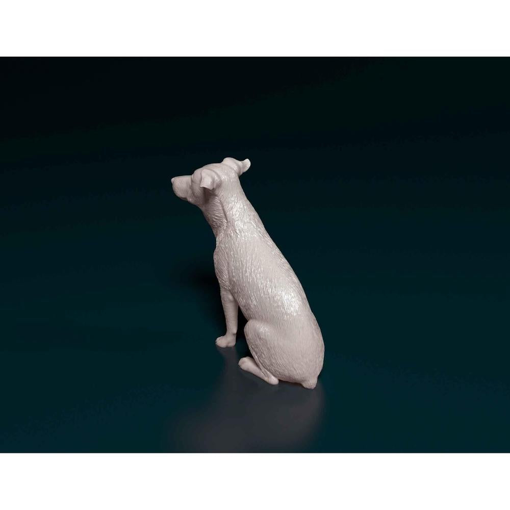 Unpainted 3D printed resin model of a sitting Jack Russell terrier, featuring detailed fur texture and realistic pose.
