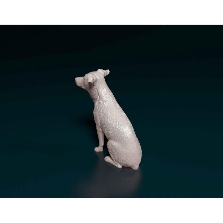 Unpainted 3D printed resin model of a sitting Jack Russell terrier, featuring detailed fur texture and realistic pose.