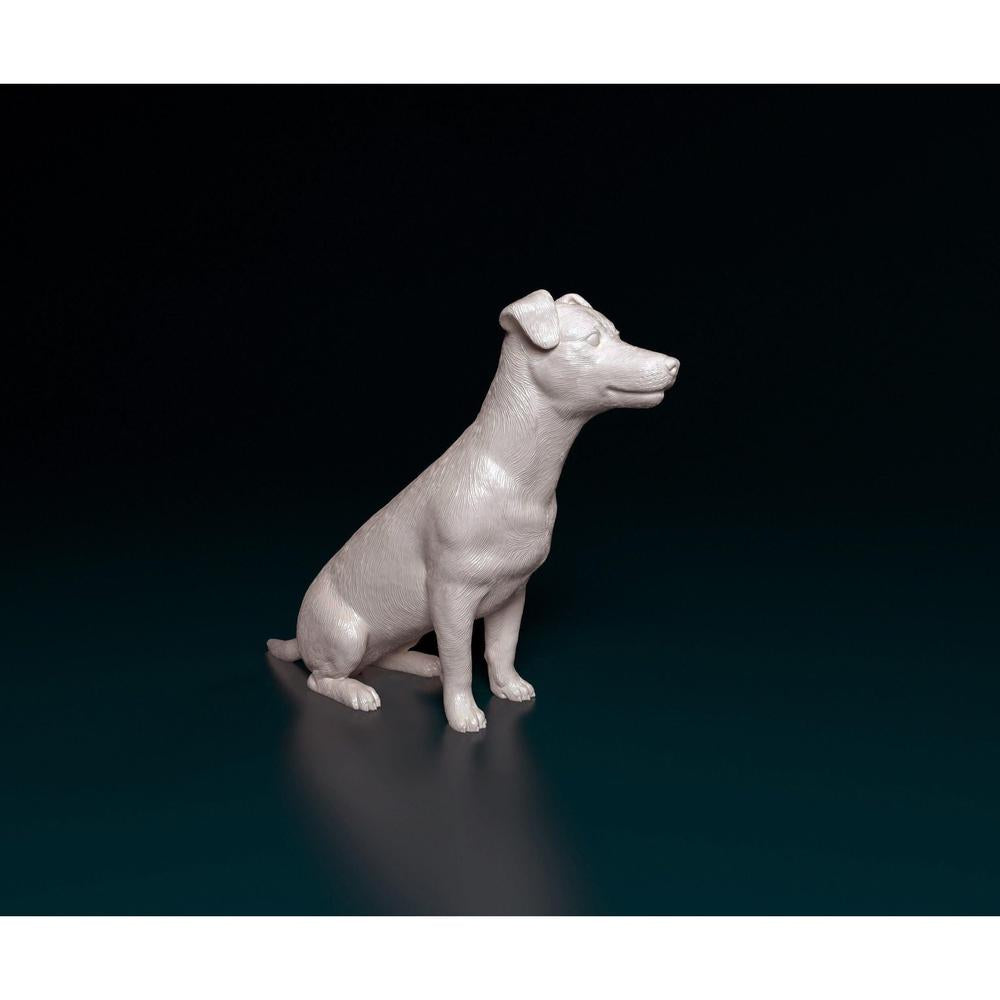 Unpainted 3D printed resin model of a Jack Russell terrier sitting, featuring detailed fur texture on a dark background.