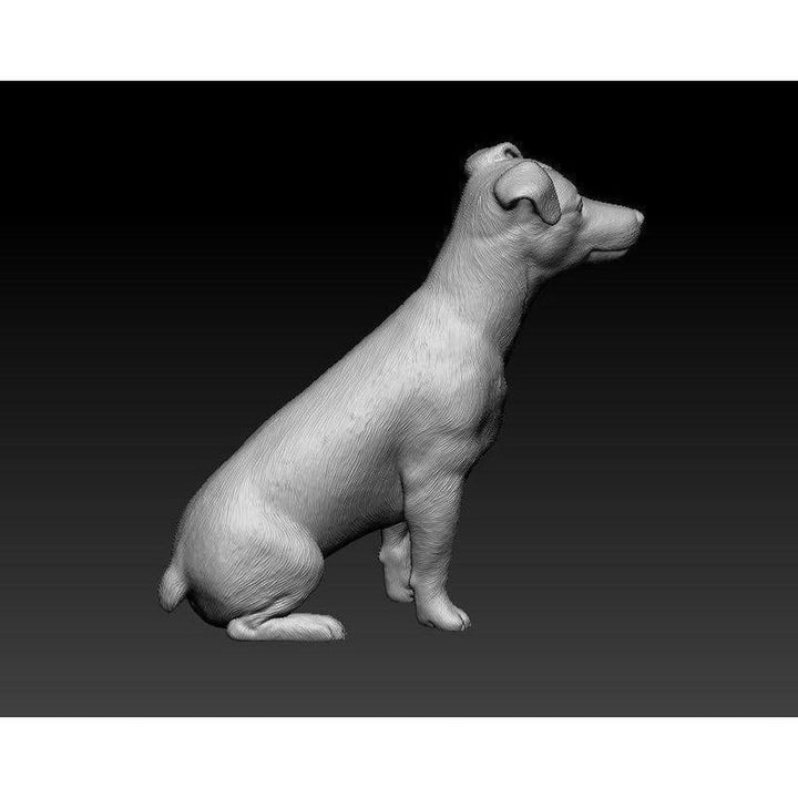 Unpainted grey 3D resin model of a Jack Russell terrier sitting in profile, featuring detailed fur texture.