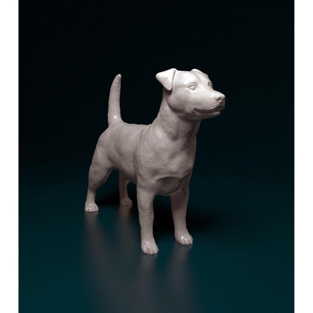 Unpainted grey resin 3D printed Jack Russell terrier miniature for dioramas and model railway scenery.