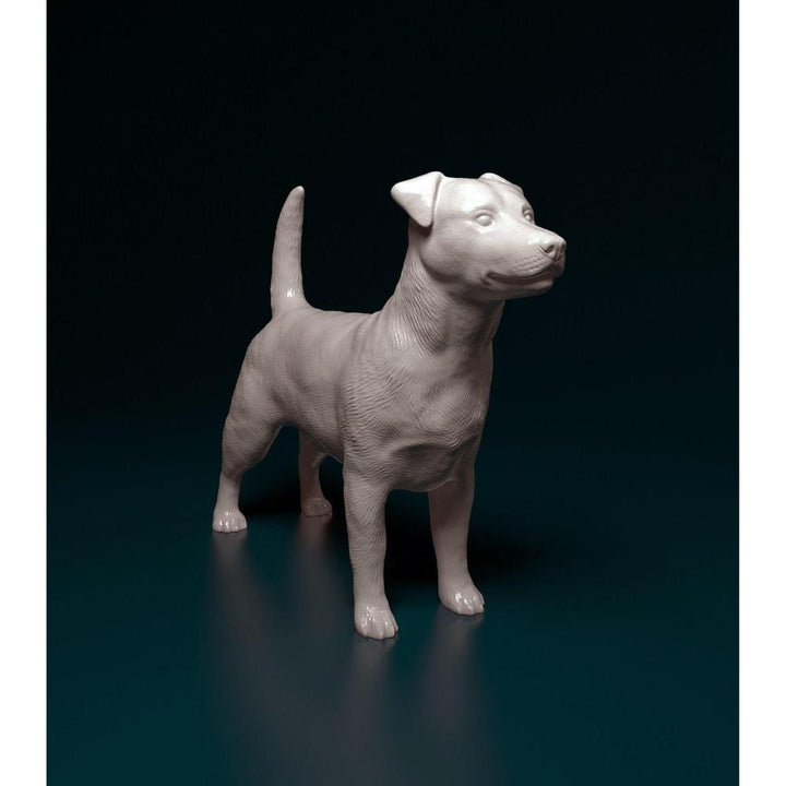 Unpainted grey resin 3D printed Jack Russell terrier miniature for dioramas and model railway scenery.