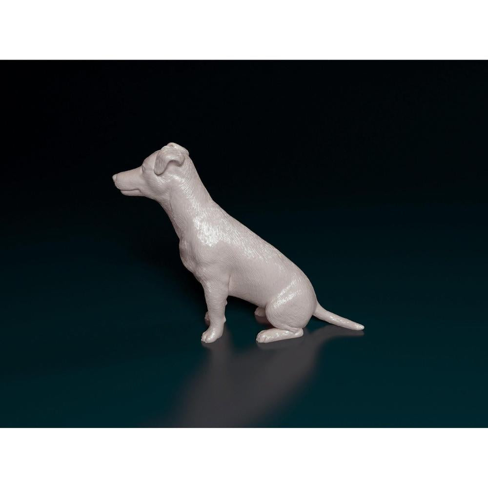 Unpainted 3D printed resin miniature of a sitting Jack Russell terrier, side profile view on a dark background.