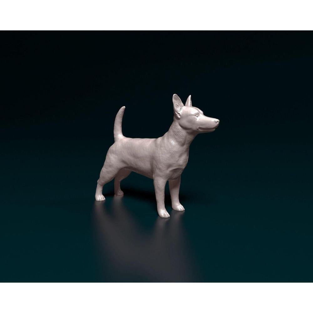 Unpainted 3D printed resin Jack Russell terrier miniature in a standing pose, set against a dark background.