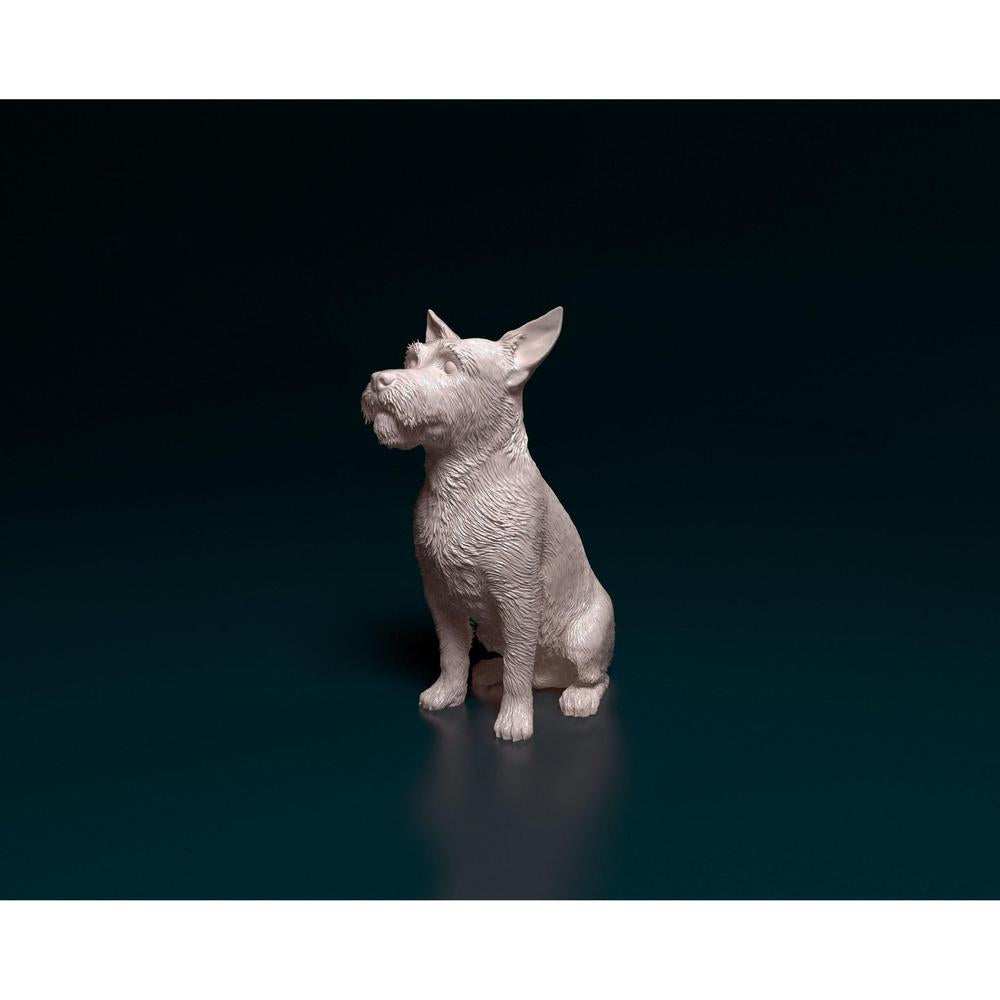 Unpainted 3D printed resin model of a sitting wire-haired Jack Russell terrier with detailed fur texture.