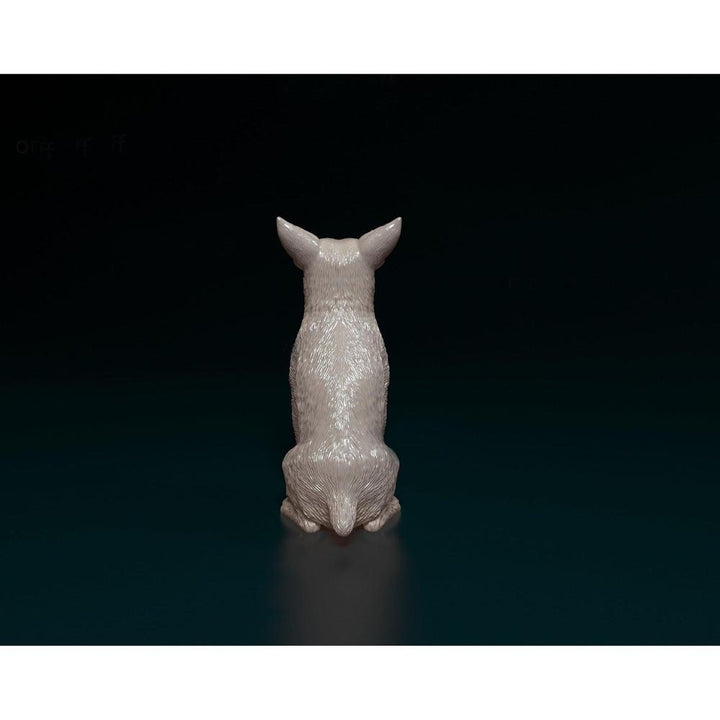 Unpainted 3D printed resin scale model of a wire-haired Jack Russell terrier seen from behind.