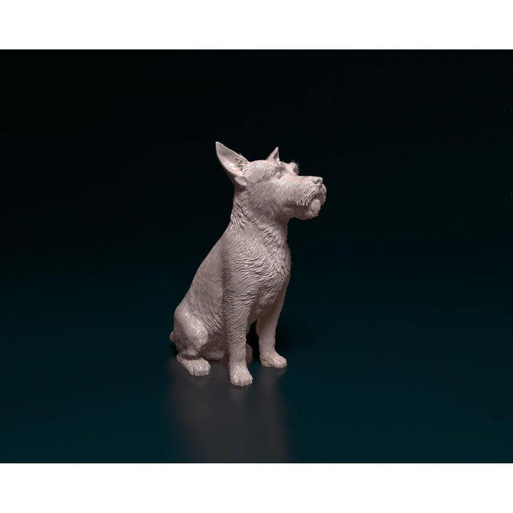 Unpainted 3D printed resin model of a sitting wire-haired Jack Russell terrier with detailed fur texture.