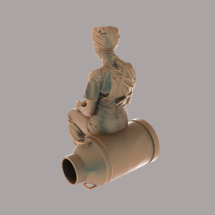 132s-0023 Land/Farm Girl sitting on Milk Churn Figure