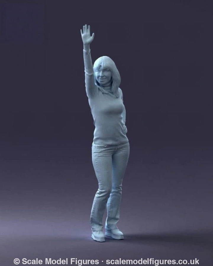 Casually Dressed Female Arm Up Waving Figure