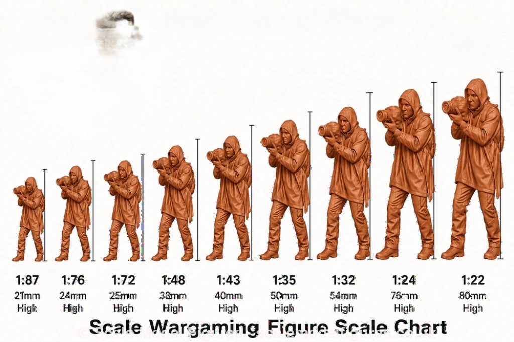 Terracotta resin 3D printed model of a 1900s farm worker shown in various scales from 1:87 to 1:22 for dioramas.