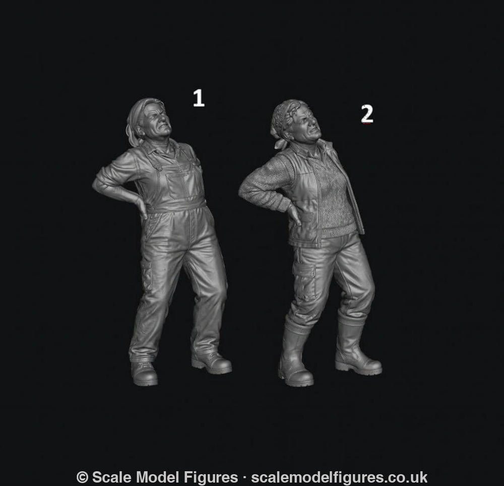 Two unpainted grey 3D resin model figures of a female farmer holding her back in pain, wearing overalls or vest.