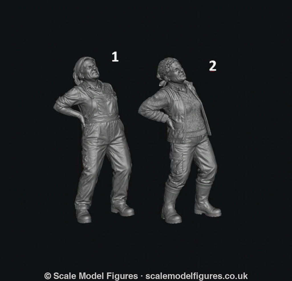 Two unpainted grey 3D resin model figures of a female farmer holding her back in pain, wearing overalls or vest.