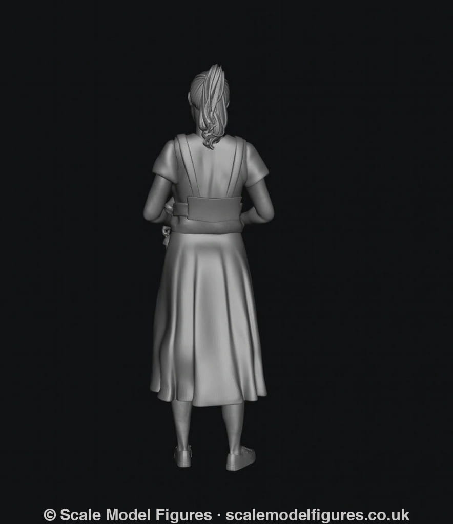 Grey 3D render of a woman in a dress and ponytail carrying a baby in a front carrier, back view.