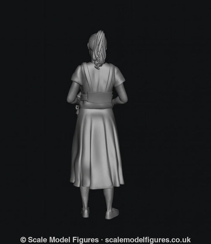Grey 3D render of a woman in a dress and ponytail carrying a baby in a front carrier, back view.