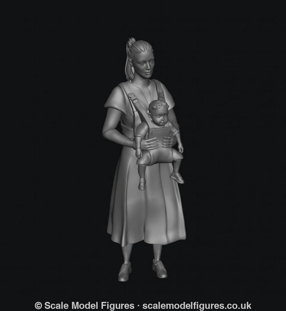 Grey 3D render of a woman in a dress carrying a baby in a front-facing carrier, unpainted scale model figure.