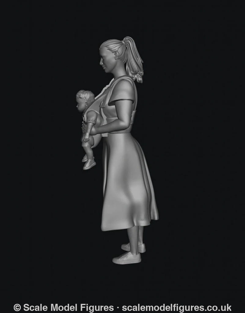 Unpainted grey 3D resin scale model of a woman in a dress carrying a baby in a front-facing carrier.