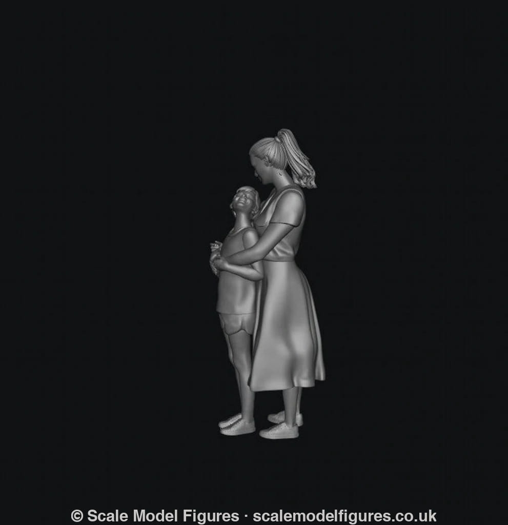 3D render of an unpainted grey resin scale model featuring a mother hugging her young daughter in casual clothing.