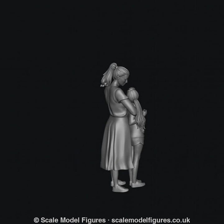 3D render of an unpainted grey resin scale model of a mother and daughter standing together in casual clothing.