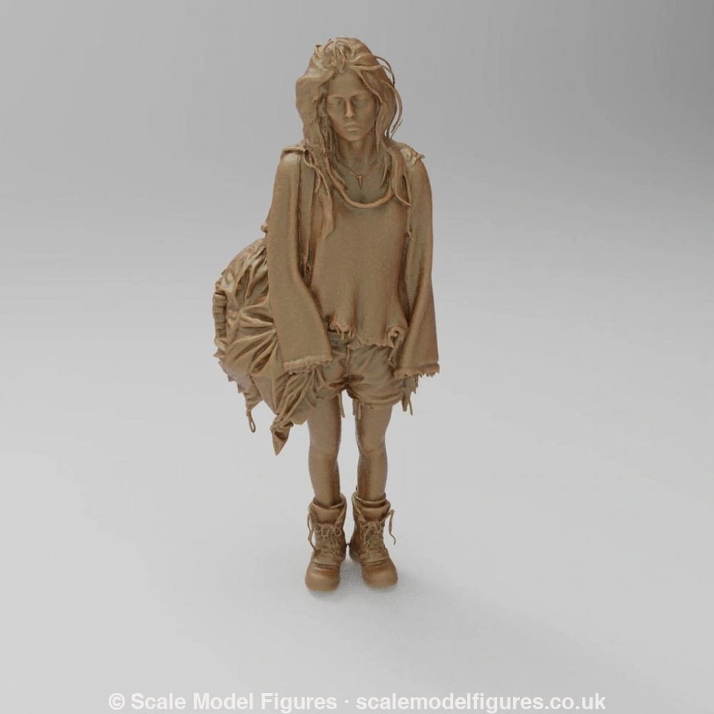 Unpainted terracotta-colored 3D resin miniature of a girl carrying a large bag, designed for dioramas and hobbyists.
