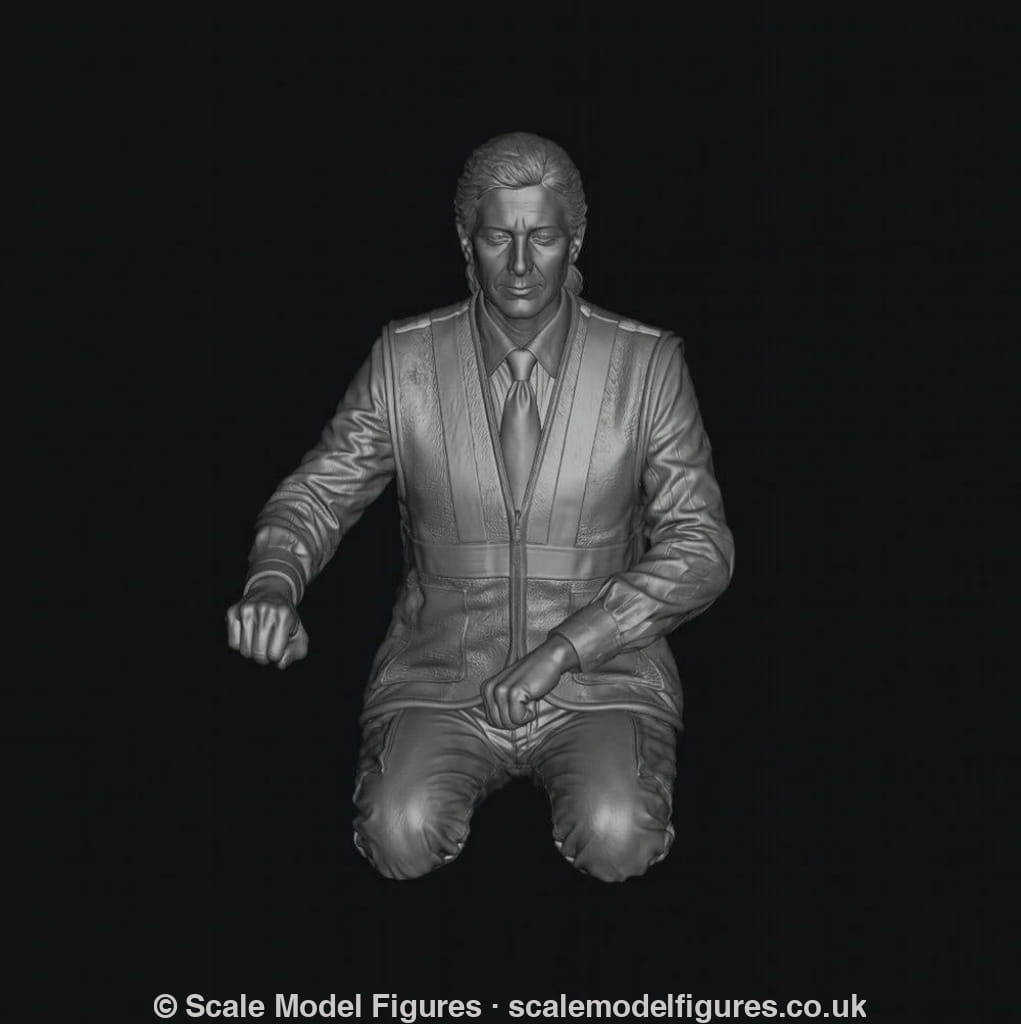 Grey 3D render of a female train driver miniature in a uniform, shown from the waist up with legs cut off.