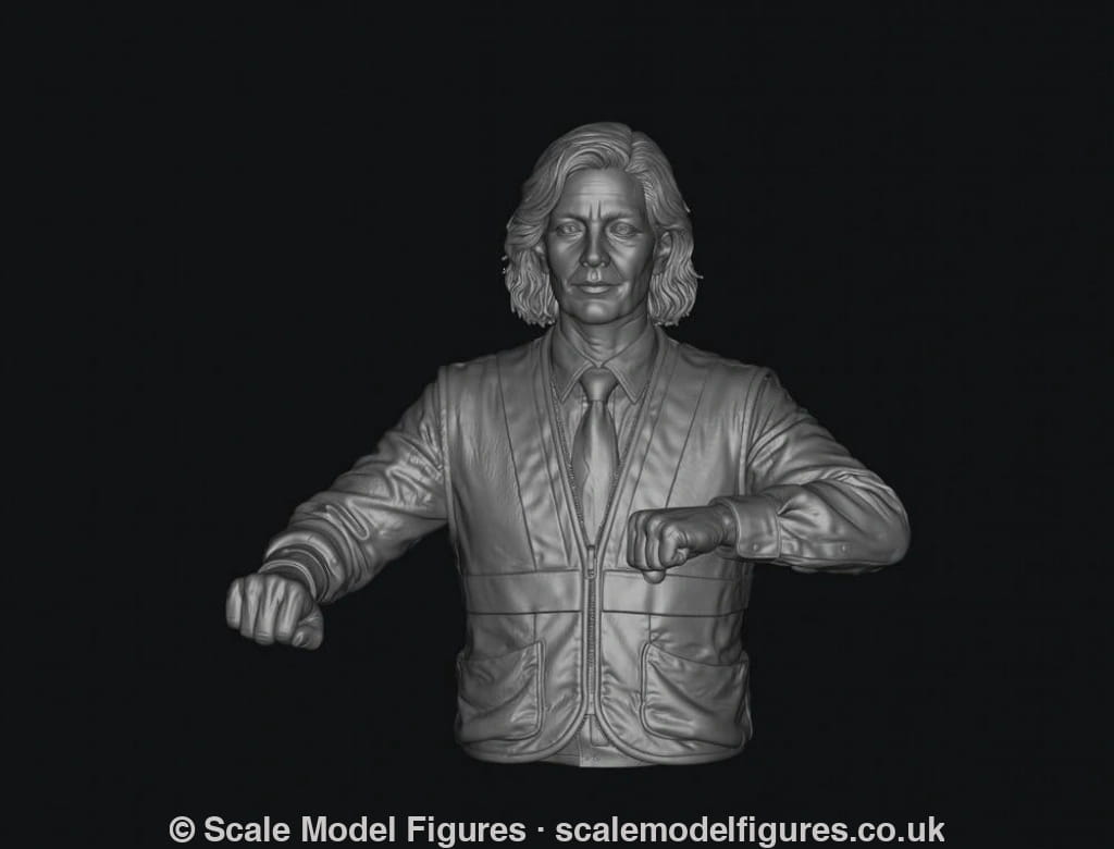 3D render of a female train driver miniature in grey resin, wearing a collared shirt, tie, and utility vest.