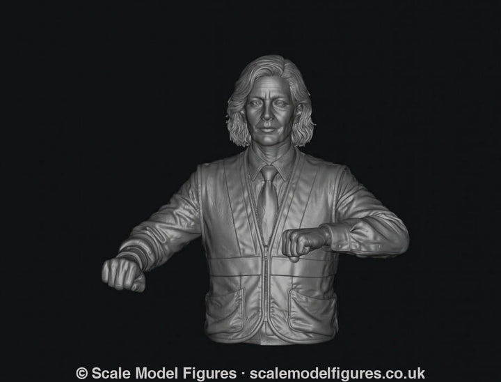 3D render of a female train driver miniature in grey resin, wearing a collared shirt, tie, and utility vest.