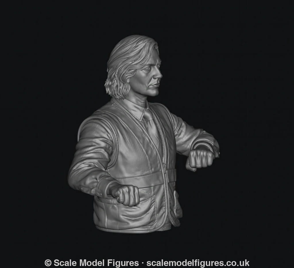 3D render of a female train driver miniature in grey resin, featuring a modern uniform and realistic facial details.
