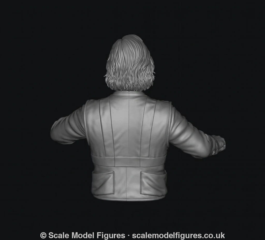 3D render of a grey, unpainted female train driver miniature, showing the back view of her uniform jacket and hair.