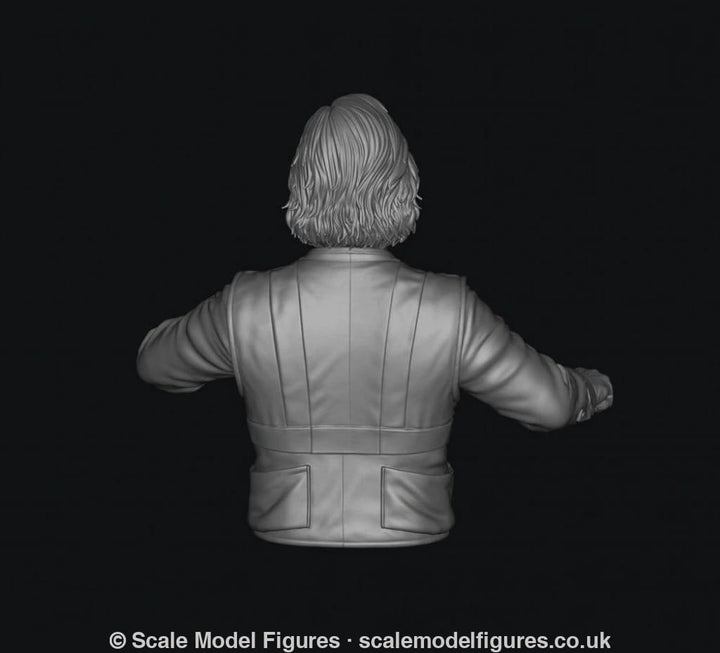 3D render of a grey, unpainted female train driver miniature, showing the back view of her uniform jacket and hair.