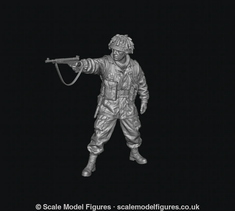 A monochrome 3D-rendered miniature figurine of a soldier in combat gear holding a rifle, shown against a solid black background.
