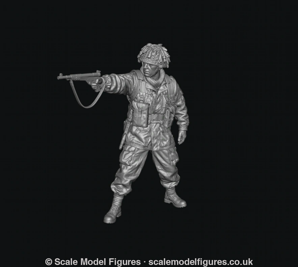 A monochrome 3D-rendered miniature figurine of a soldier in combat gear holding a rifle, shown against a solid black background.