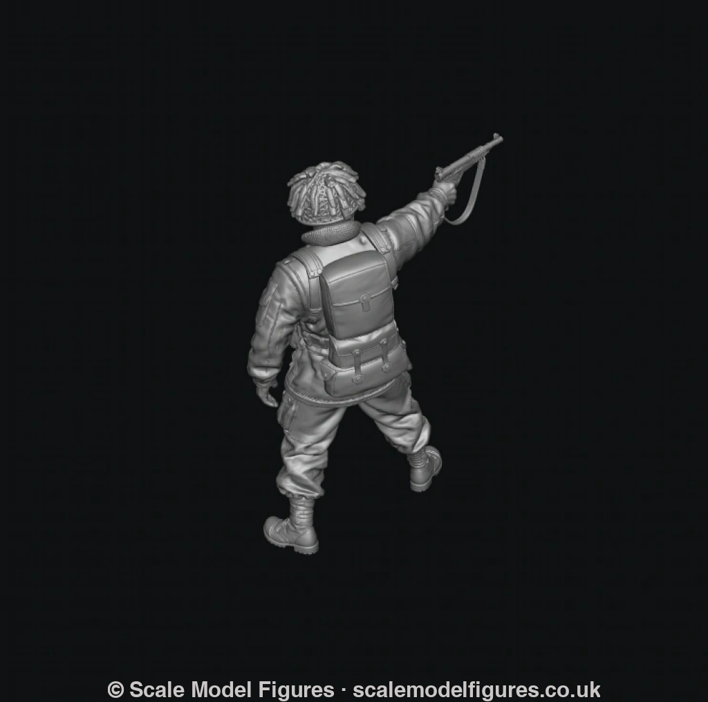 A grayscale 3D-rendered miniature figurine of a soldier in combat gear, shown from the back and side while aiming a rifle, on a solid black background.